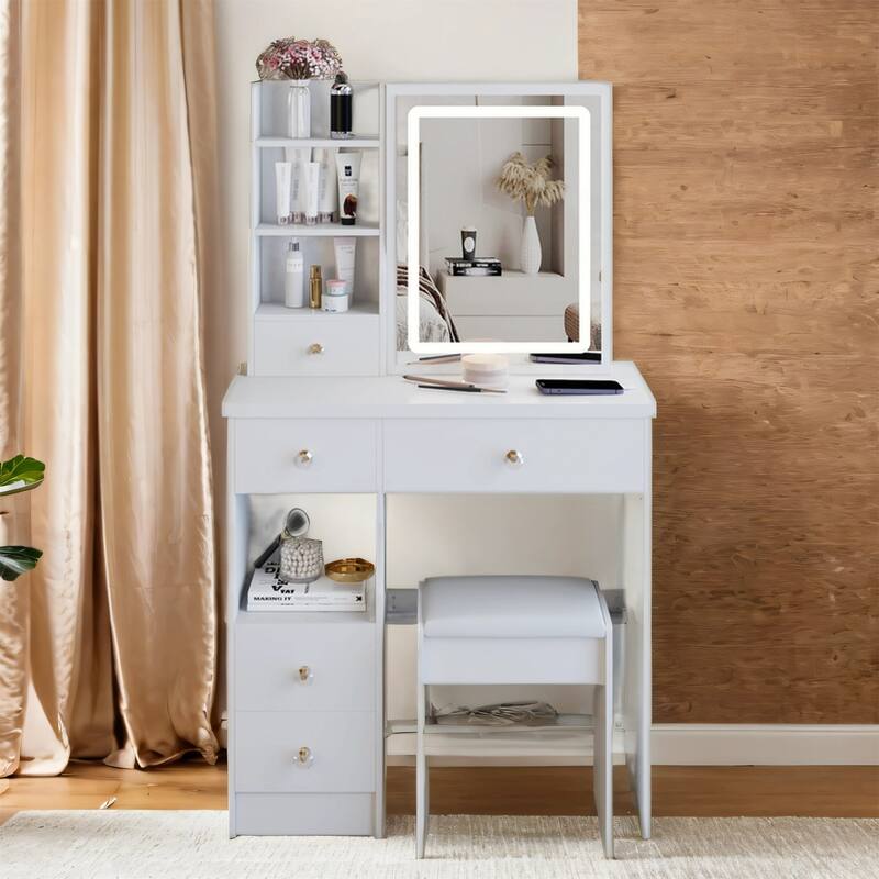29.2" Vanity Set with LED Mirror, 3-Color Light & Cushioned Stool
