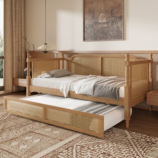 slide 2 of 10, Traditional Style Rattan Daybed with Full Trundle for Limited Space, No Box Spring Needed, Full Size, Walnut Walnut
