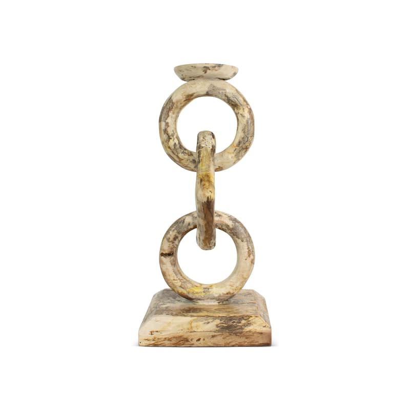 Wood Chain Link Candle Holder Hand Carved Rustic Whitewashed Candle Stand, Decorative Accent