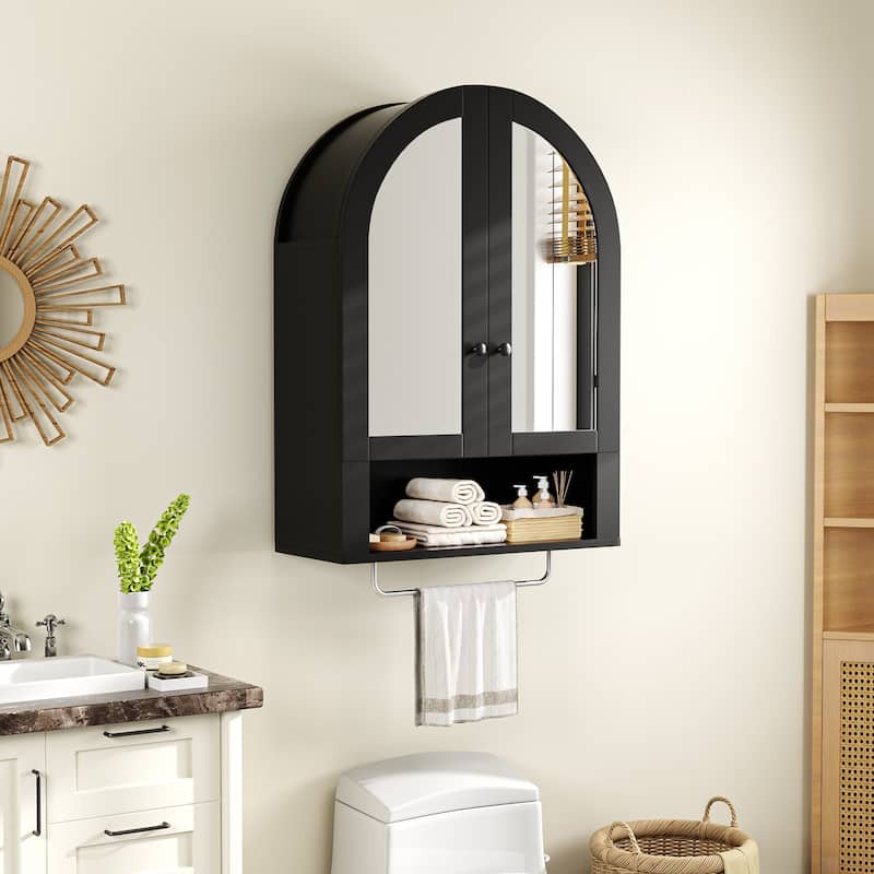 Wall Mounted Arched Cabinet with Mirrored Doors and Adjustable Shelves for Laundry Room, Bathroom, Kitchen