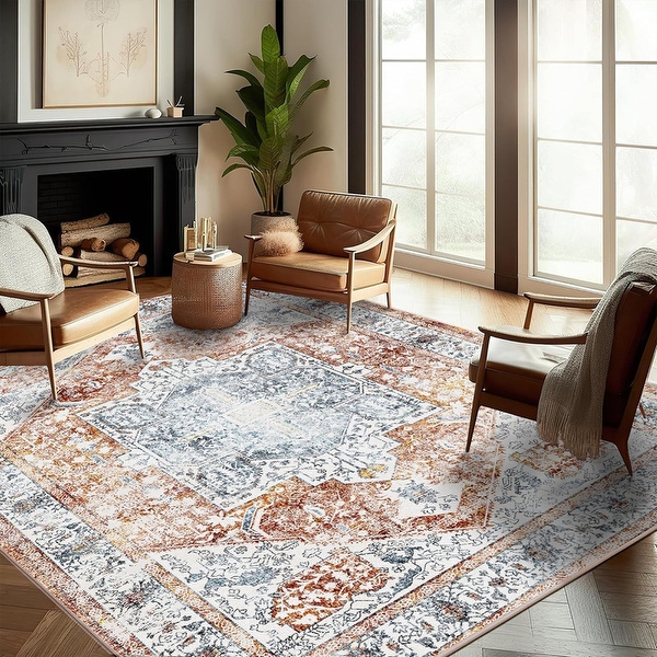 Washable Vintage Floral Area Rug Non-Slip Thin Rug for Living Room