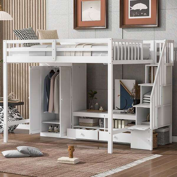 slide 2 of 9, Wood Full Size Loft Kids Bed Frame with Wardrobe, Storage Staircase, Low Table, Drawers & Open Cabinets, Easy Assembly, White White