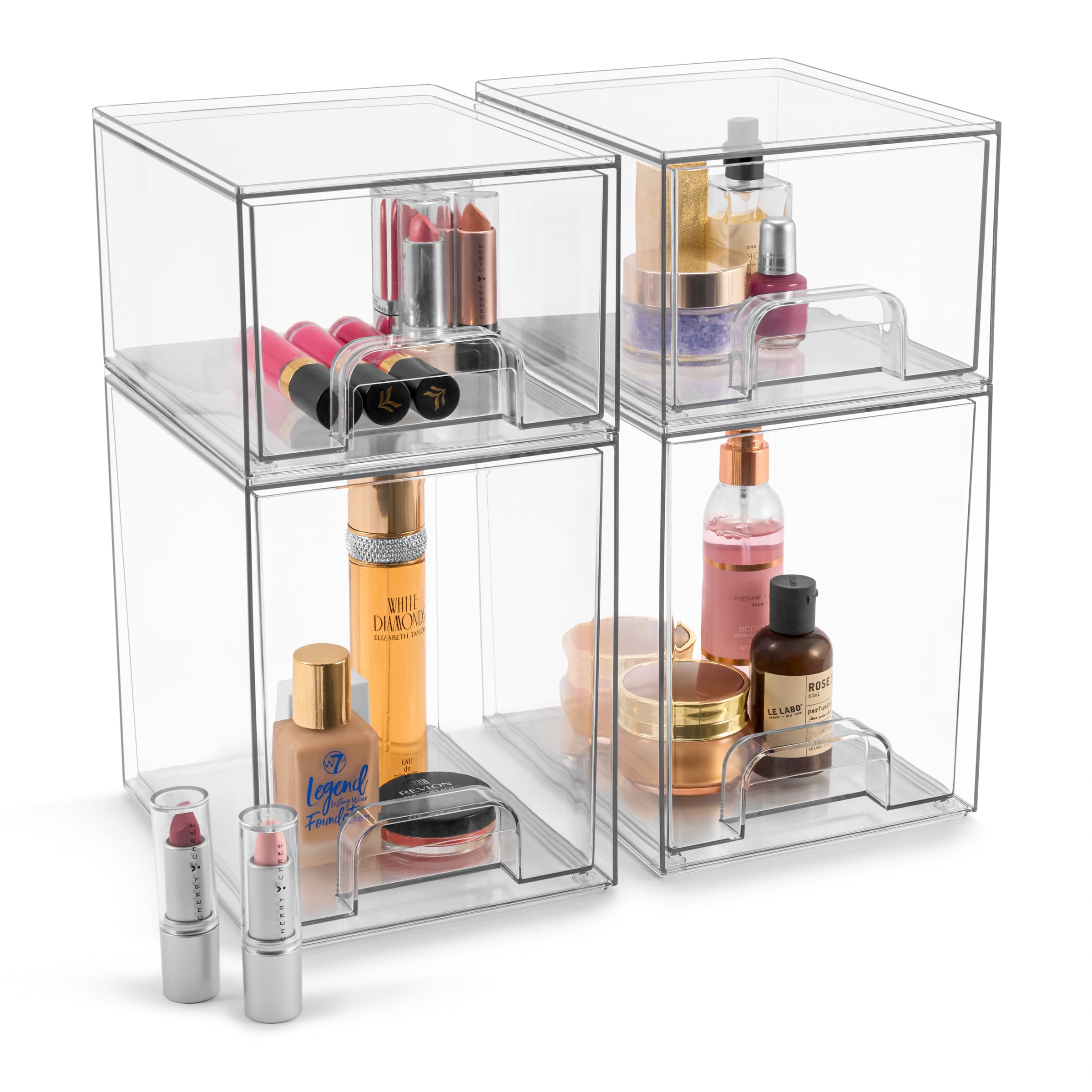 Sorbus Acrylic Storage Containers with Pull-Out Drawers - 4 Pack, Clear Stackable Storage Bins Set, Makeup Organizer Case