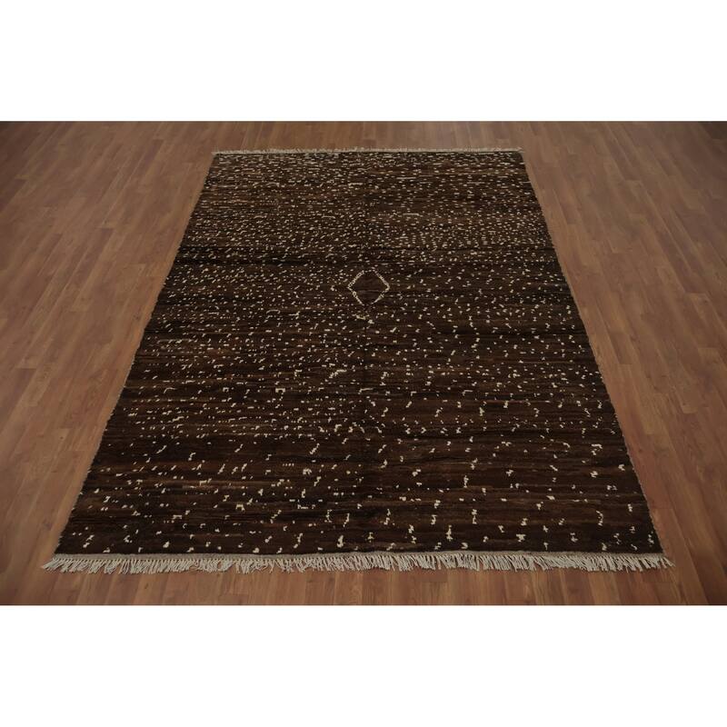 Hand Knotted Oriental 100% Wool Carpet Modern Geometric Brown Moroccan Area Rug - 8' 7'' X 6' 1''