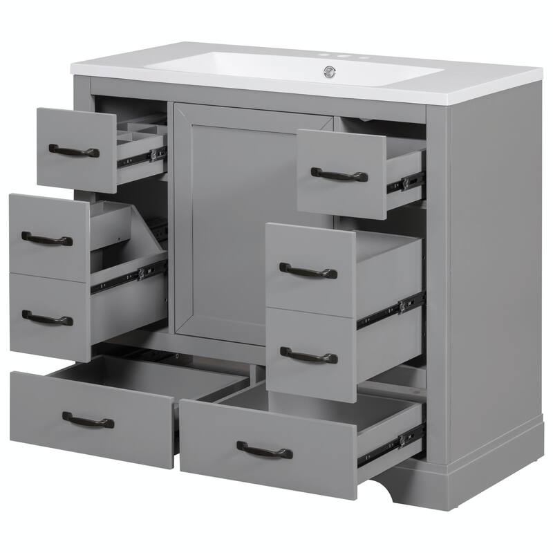 36" Bathroom Vanity with Sink Combo: Six Drawers, Multi-Functional Divider, Adjustable Shelf