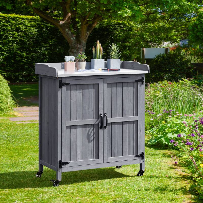 Yaheetech Garden Potting Bench Table Wooden Storage Cabinet - Grey