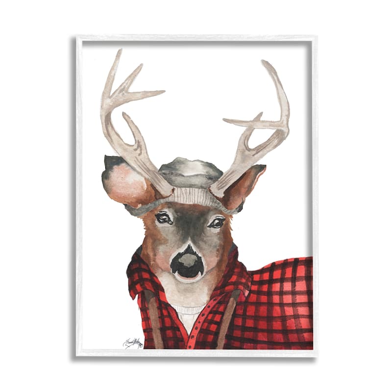Stupell Lumberjack Buck Deer with Beanie Red Plaid Framed Wall Art - 16 x 20 - White