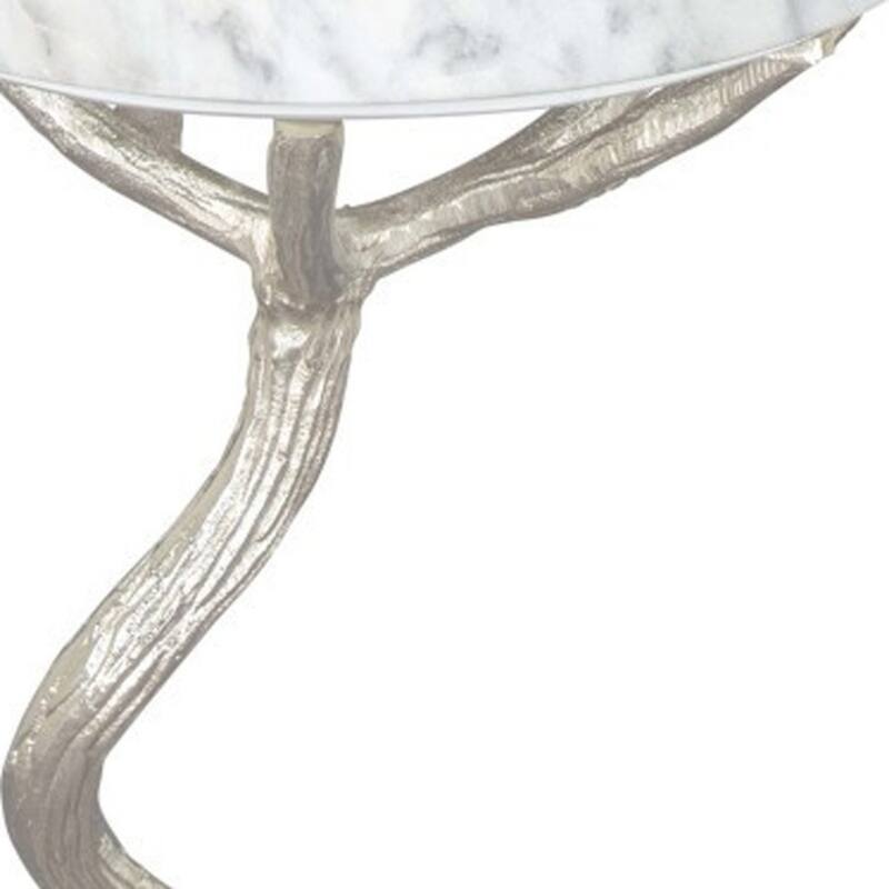 22" Modern Round Silver and White Marble Top Side End Table with Tree Stump Base for Living Room - 12”L x 12”W x 22”H