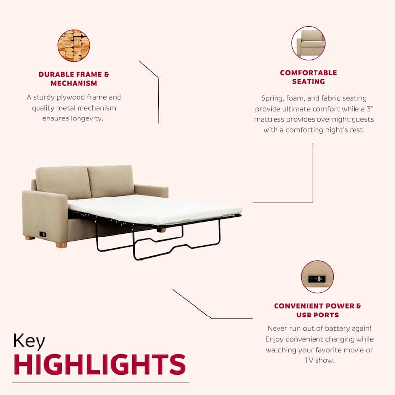 Reign Beige 73 in. Convertible Full Sleeper Sofa with USB Port