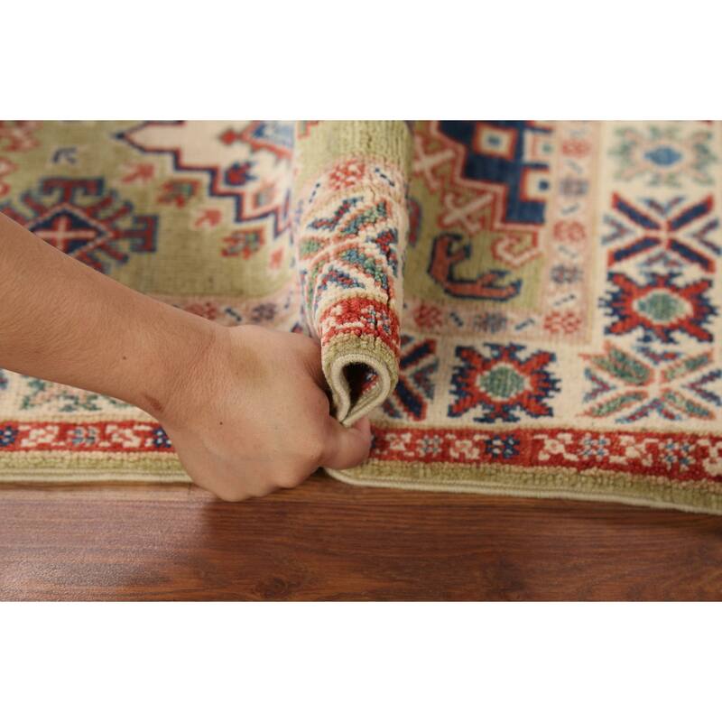 Pistachio Green Geometric Kazak Oriental Rug Hand-Knotted Wool Carpet - 2'1"x 2'10"