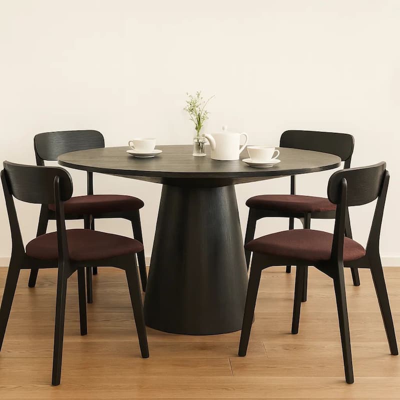 Kiy 59 Inch Round Dining Table with Pedestal Base, Modern, Ebony Black Wood