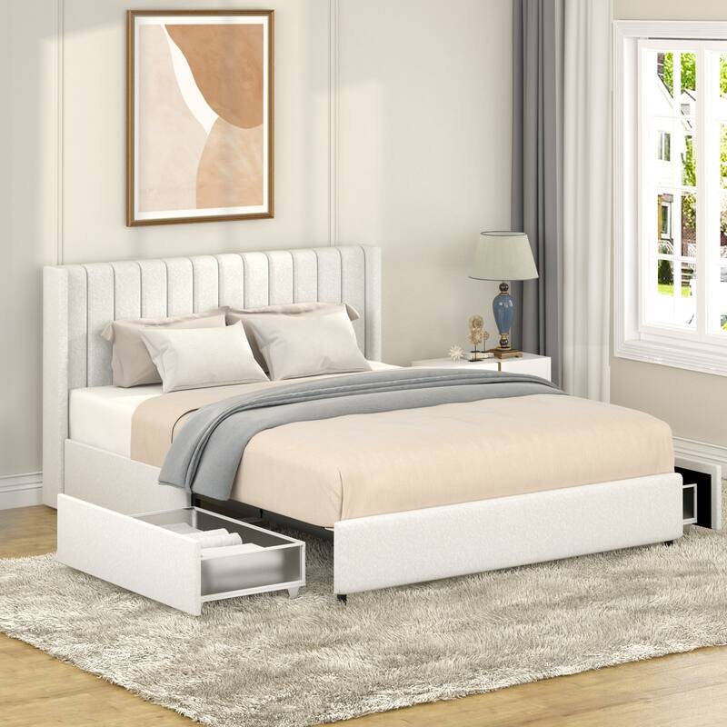 Queen Size Ivory Boucle Upholstered Platform Bed with 2 Built-in Drawers and Tufted Headboard