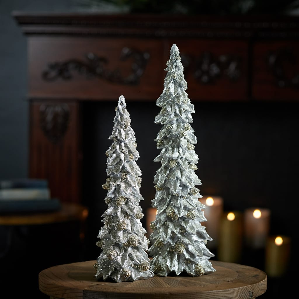 Glittered Holly Leaf Pine Christmas Trees - 13.5" - Silver and Gold - Set of 2