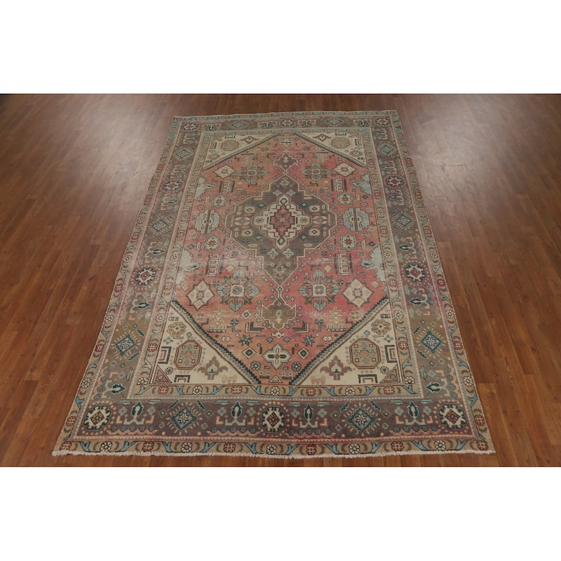 Vintage Pink Geometric Tabriz Persian Area Rug Handmade Wool Carpet - 6'4" x 10'0"