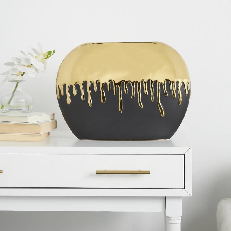 Ceramic Decorative Vase with Abstract Gold Melting Drips - Black or White - CosmoLiving by Cosmopolitan