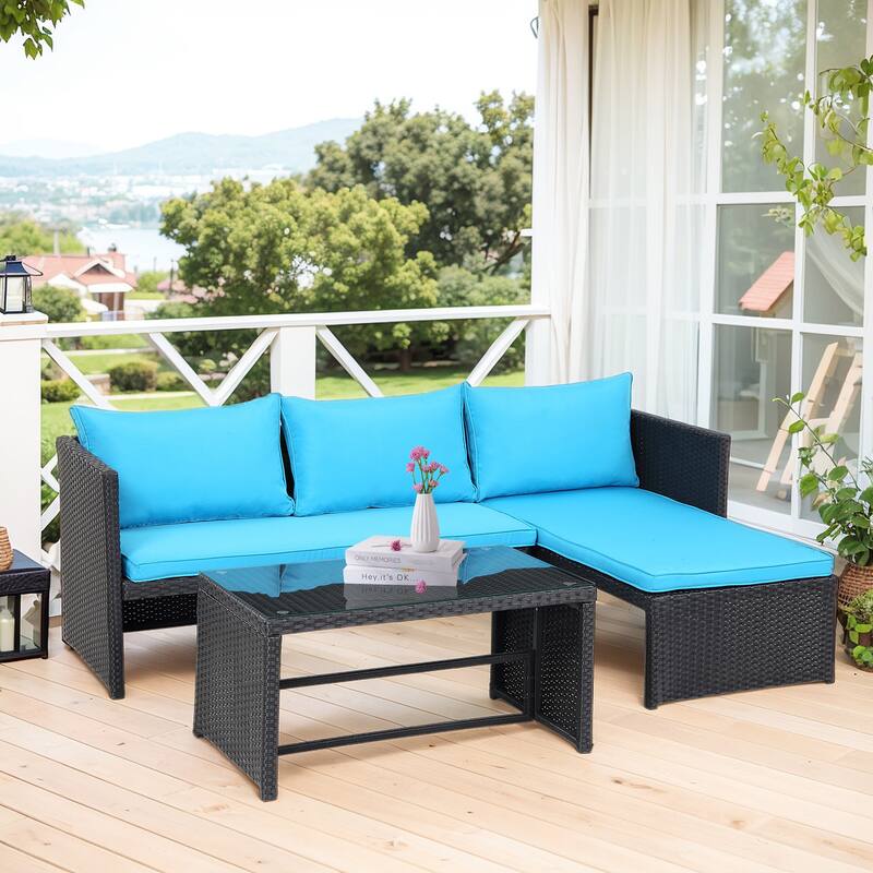 3 Pieces Patio Conversation Set, All Weather Outdoor PE Rattan Wicker Furniture Set with Cushions, Tempered Glass Coffee Table
