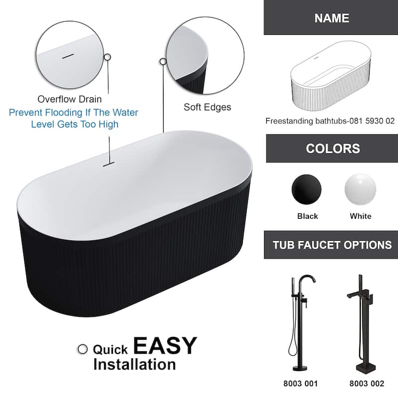 Repose 59" Fluted Acrylic Soaking Tub - Oval - 29D x 59W x 23H