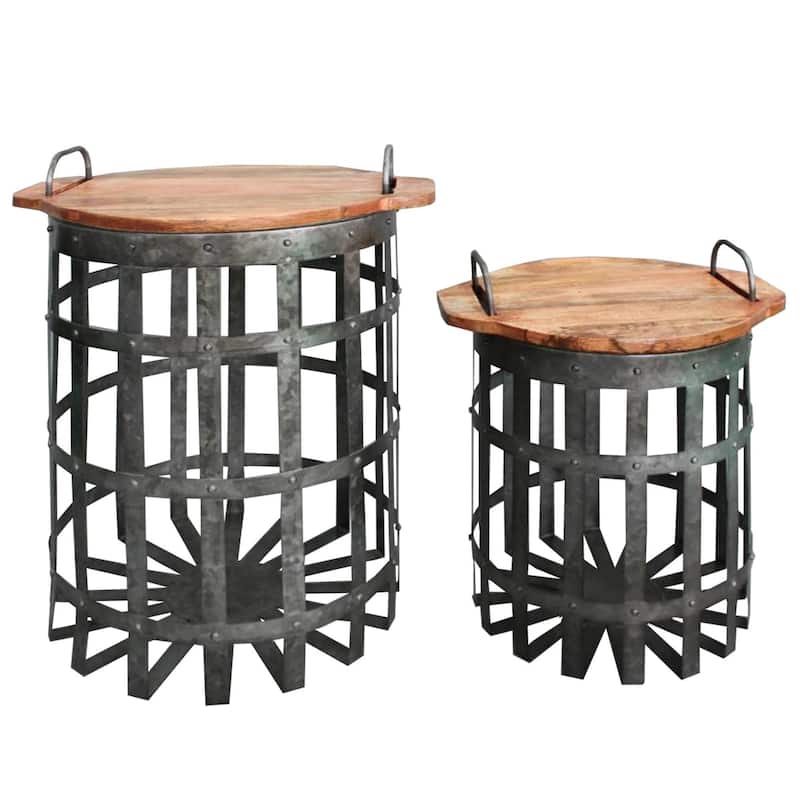 Industrial Grid Galvanized Accent End Table with Round Lid and Handles, Set of 2, Gray and Brown - 90 H x 90 W x 1 L