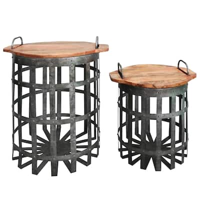 Industrial Grid Galvanized Accent End Table with Round Lid and Handles, Set of 2, Gray and Brown - 90 H x 90 W x 1 L