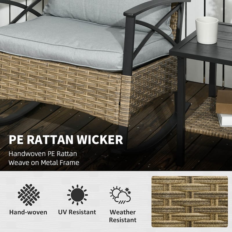 3 Piece Patio Rocking Chair Set, Outdoor Wicker Bistro Set with 2 Cushions and 2 Tier Coffee Table for Garden, Porch, Backyard