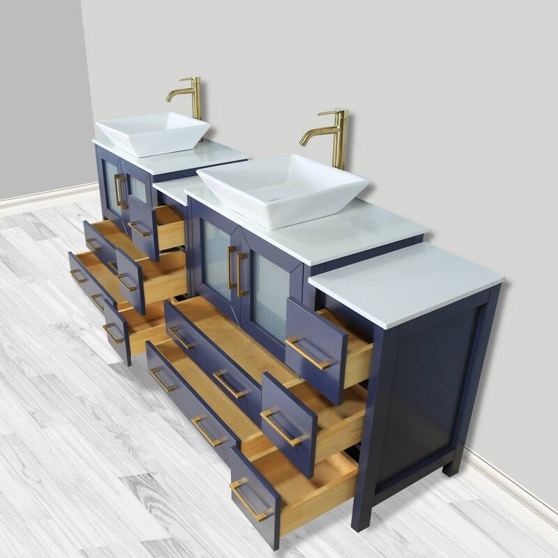 Vanity Art 84-inch Double Sink Bathroom Vanity Set with Engineered Marble Top and Free Mirror - 84 x 18.5 x 36 Inches