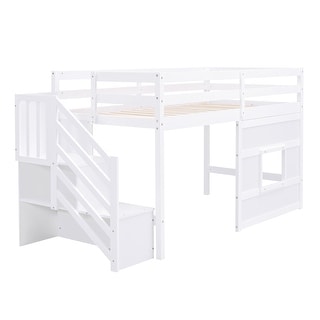 Twin Size Wood Loft Bed with Storage Staircase and Window,Sweden Style