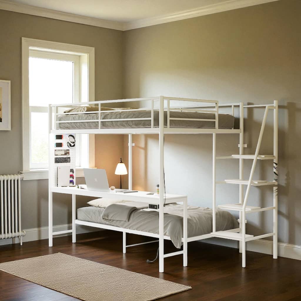 Full Size Loft Bunk Bed with Twin Space, Desk, RGB LED Lights, Charging Station, Storage Shelves and Safety Guardrails