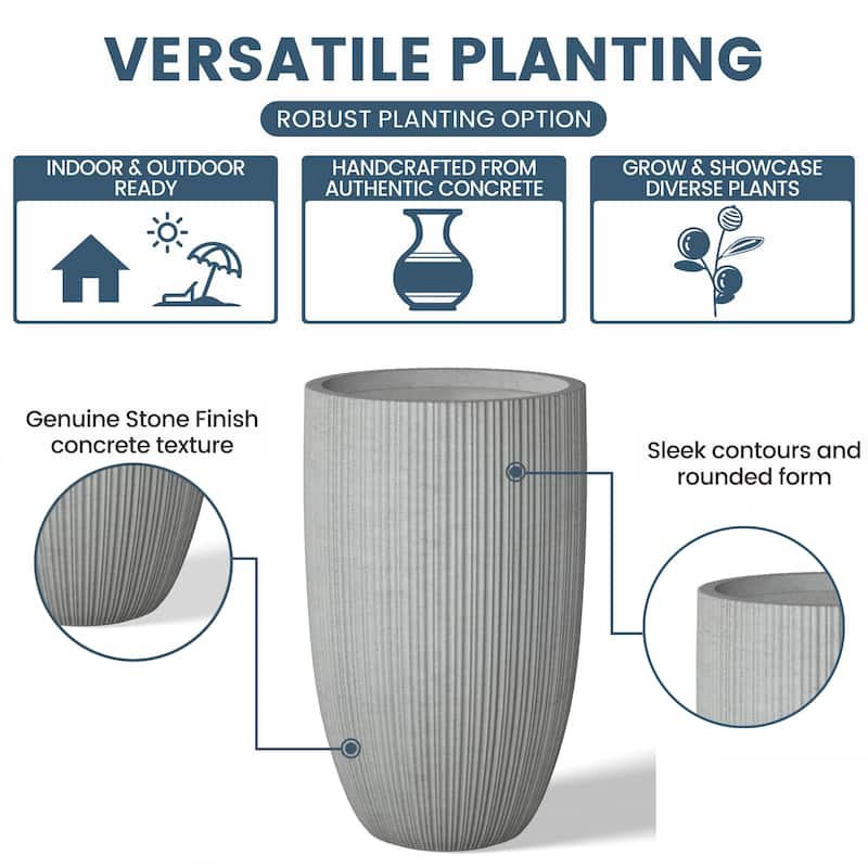 Textured Granite Gray Tall Concrete Round Plant Pots / Large Indoor and Outdoor flower Planters (13.5 Inch x 24.5 Inch)