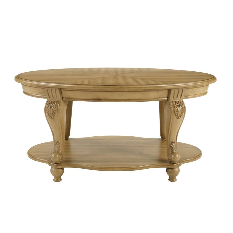 42" oval wood coffee table for Living Room, 2-Tier Solid Wood Cocktail Table with Open Storage Shelf, Antique Natural