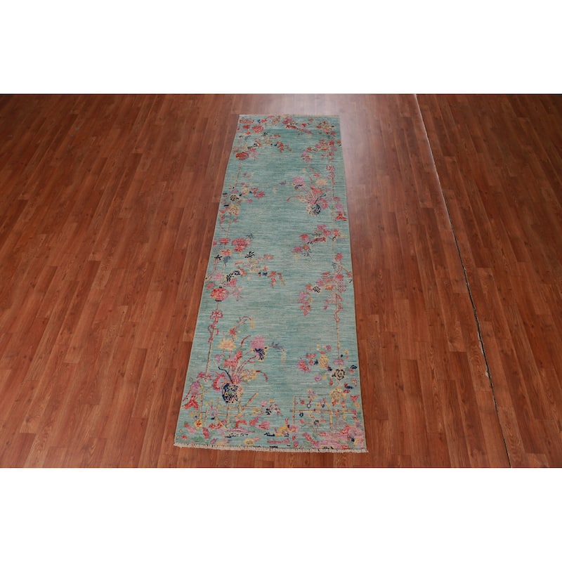 Art Deco Turkish Runner Rug Hand-Knotted Blue Wool Carpet - 2'8" x 8'1"