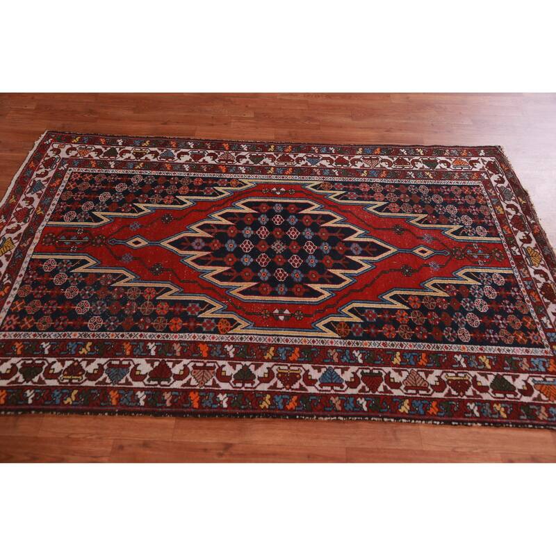 Hand Knotted Oriental 100% Wool Carpet Traditional Medallion Navy Blue & Blues Hamedan Area Rug - 6' 7'' X 4' 2''