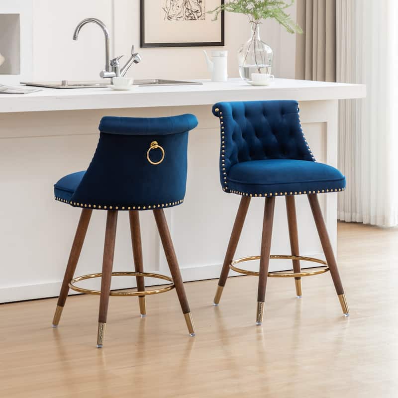 Set of 2 Button-Tufted Counter Stools with Nailhead Trim