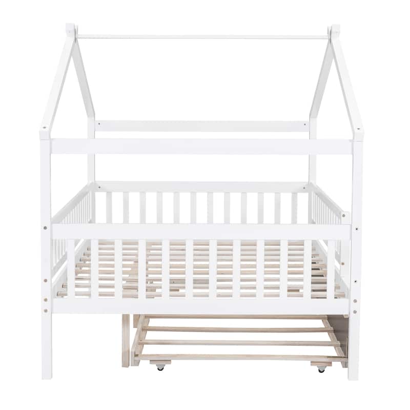 Full Size Wooden House Bed with Twin Size Trundle, Roof and Fence