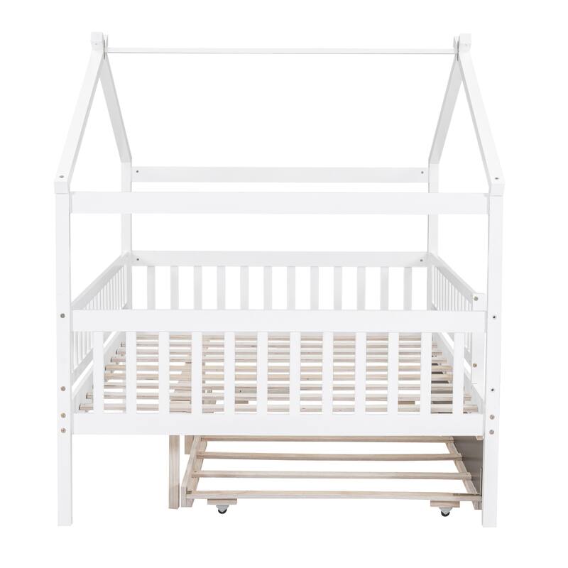 White Full Size Wooden House Bed with Twin Trundle for Kids