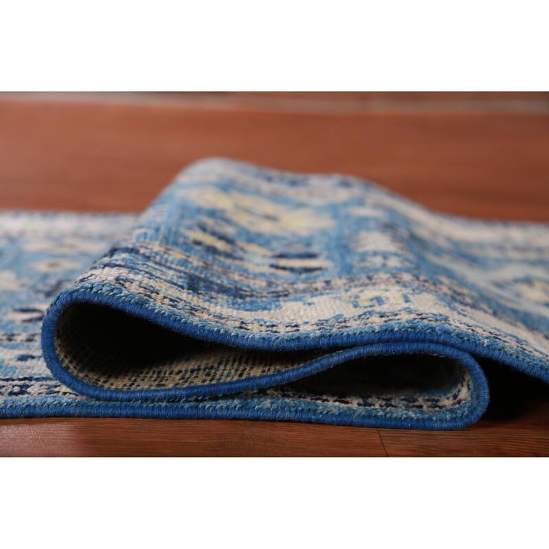 Hand Knotted Oriental 100% Wool Carpet Transitional All-Over Navy Blue & Blues Oushak Runner Rug - 9' 8'' X 2' 7''