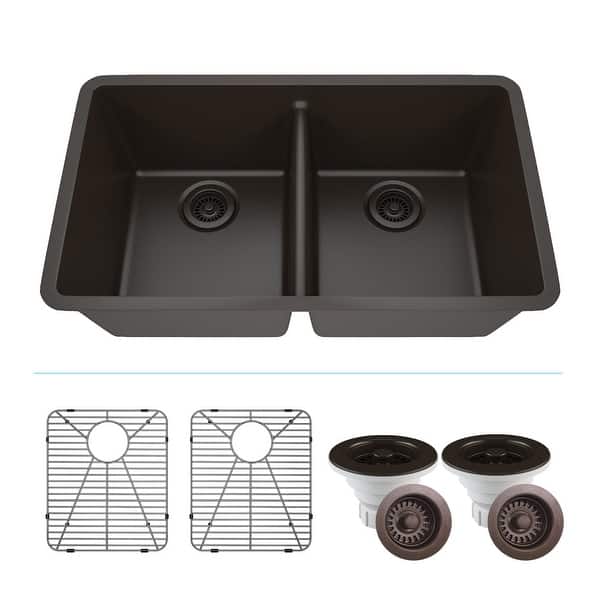 slide 2 of 7, Lexicon Granite 32 Inch 50/50 Double Bowl Undermount Kitchen Sink Kit Galaxy Mocha