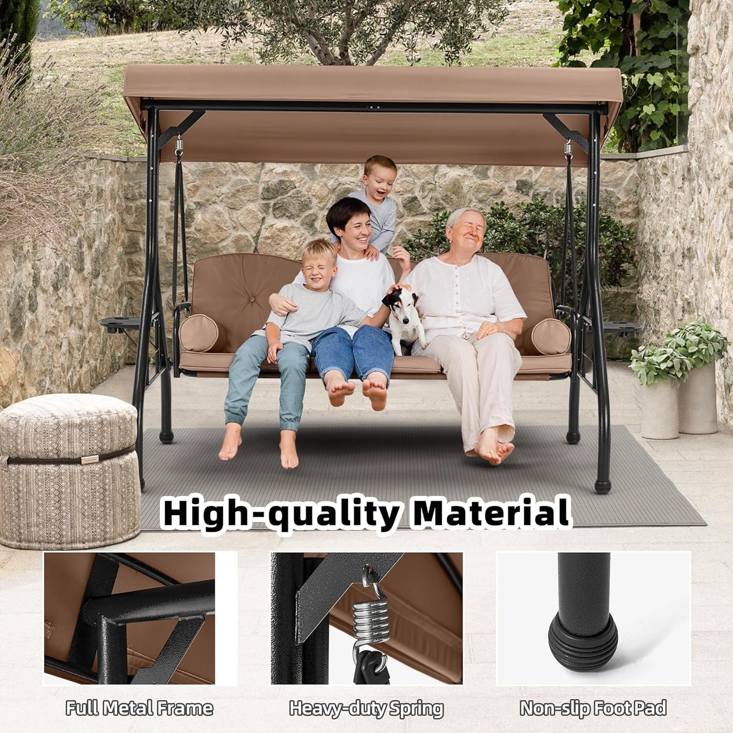 Outdoor Porch Swing 3 Seat with Adjustable Canopy Cup Holder Convertible Patio Glider with Thick Cushions Pillow Bed Bath Beyond 37372226