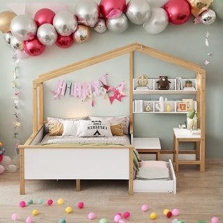 Full Size Loft Bed And Original Wood Colored Frame With Drawer,Desk And Bookshelf