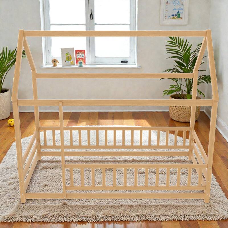 Wooden House Frame Floor Bed with Roof, Fence Guardrails, Pine Wood Kids Platform Bed for Bedroom