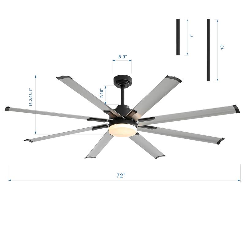 72" Black LED Ceiling Fan with Light Kit and Remote(8-blade)