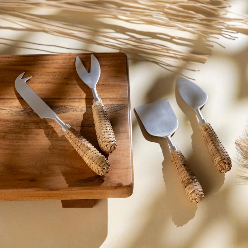 Set of 4 Stainless Steel & Wood Handle Cheese Set