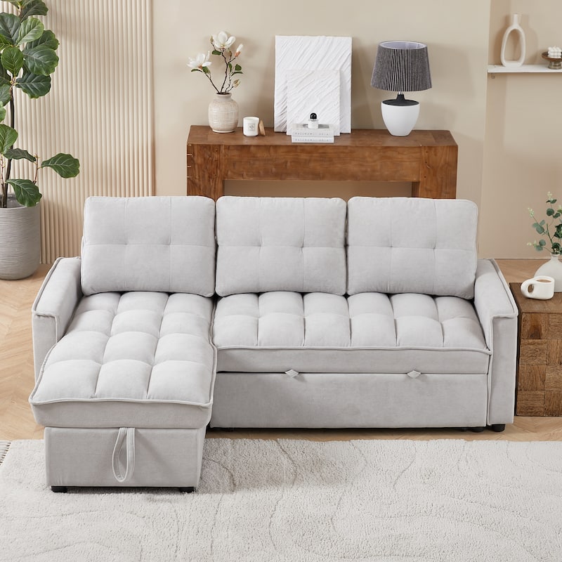 78.75" Reclining Pull-Out L-Shaped Sectional Sofa with USB, Storage, Pocket, LIGHT GREY Chenille