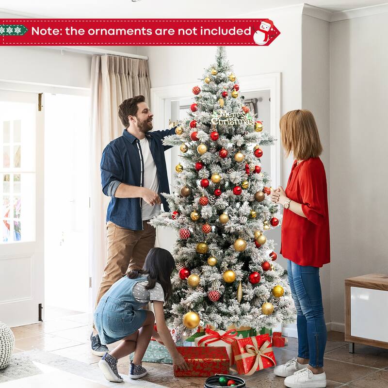 Gymax 7 FT Pre-Lit Snow-Flocked Christmas Tree Artificial Hinged Xmas