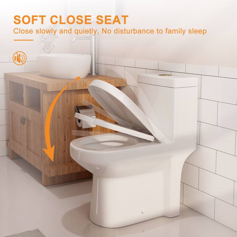 HOROW One Piece White Dual Flush Toilet 0.8/1.28 GPF Seat Included with Brushed Gold Actuator - N/A