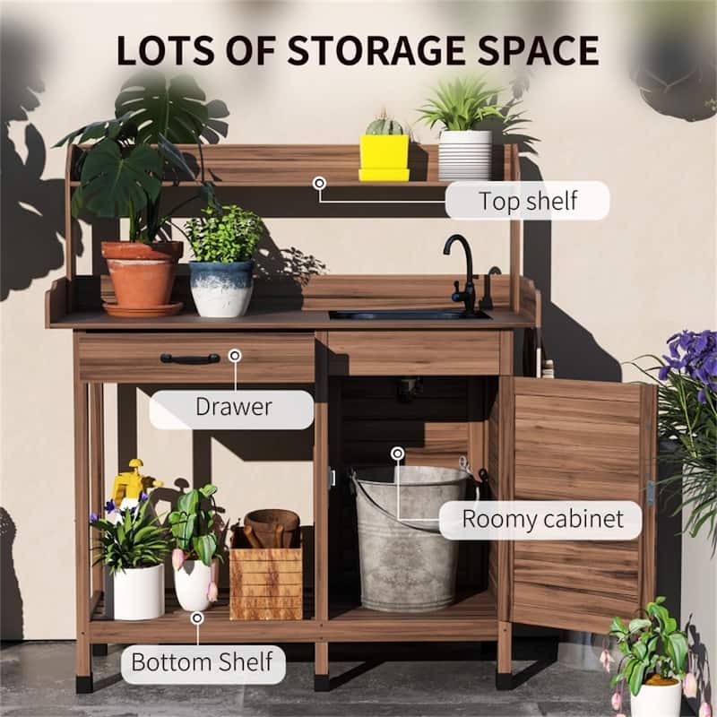Garden Work Bench with Sink, Open Shelves & Tool Storage - 44.5" L x 18.7" W x 50.2" H