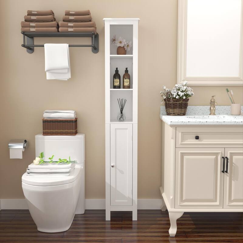 Tall Bathroom Floor Cabinet Slim Display Cabinet with Open Compartments, Side Cabinet Medicine Cabinet with Door
