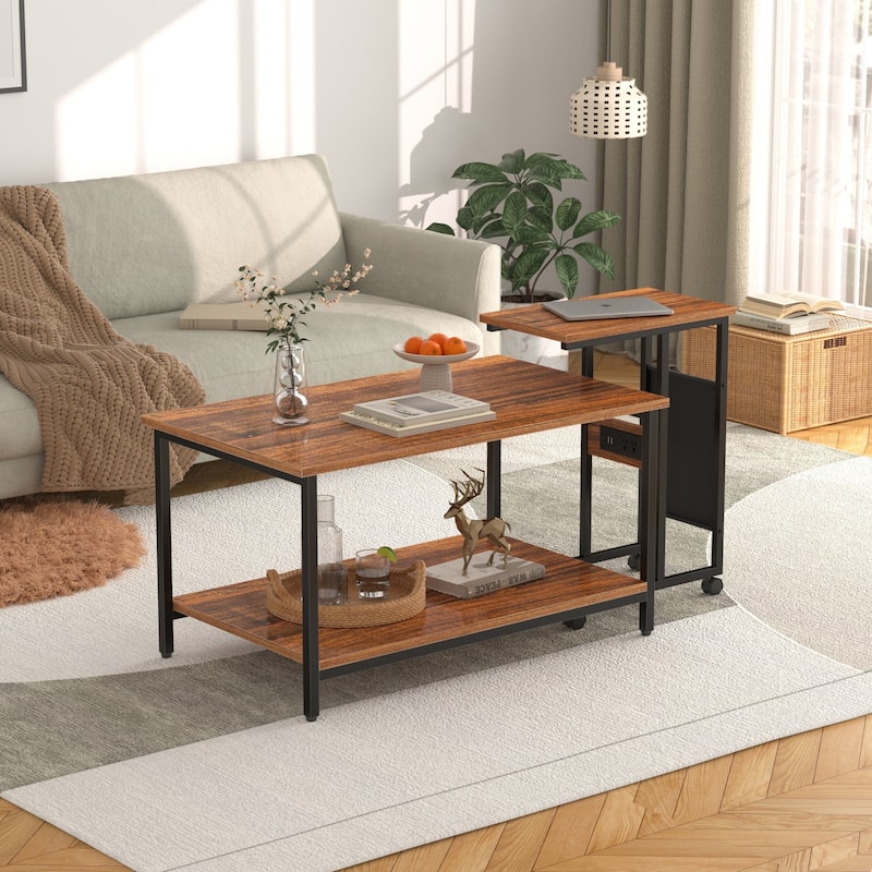 VECELO Coffee Table Set of 2 Coffee Tables and Side Table Set with Charging Station C Shaped End Table with Wheels