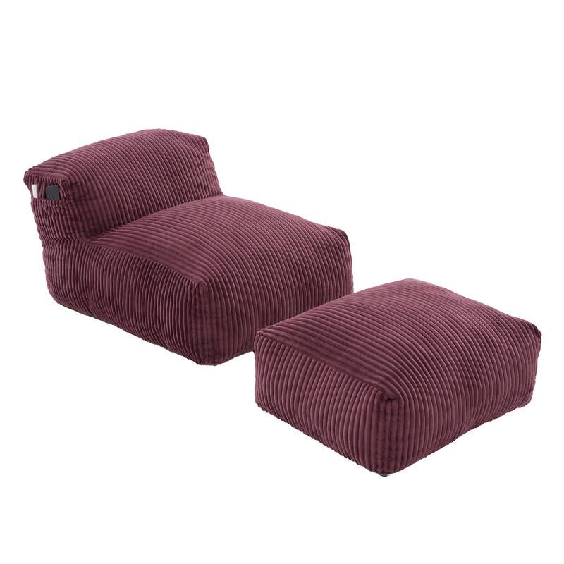 Corduroy Upholstered Lounger Large Ergonomic Support Compressed Bean Bag Sofa with Ottoman