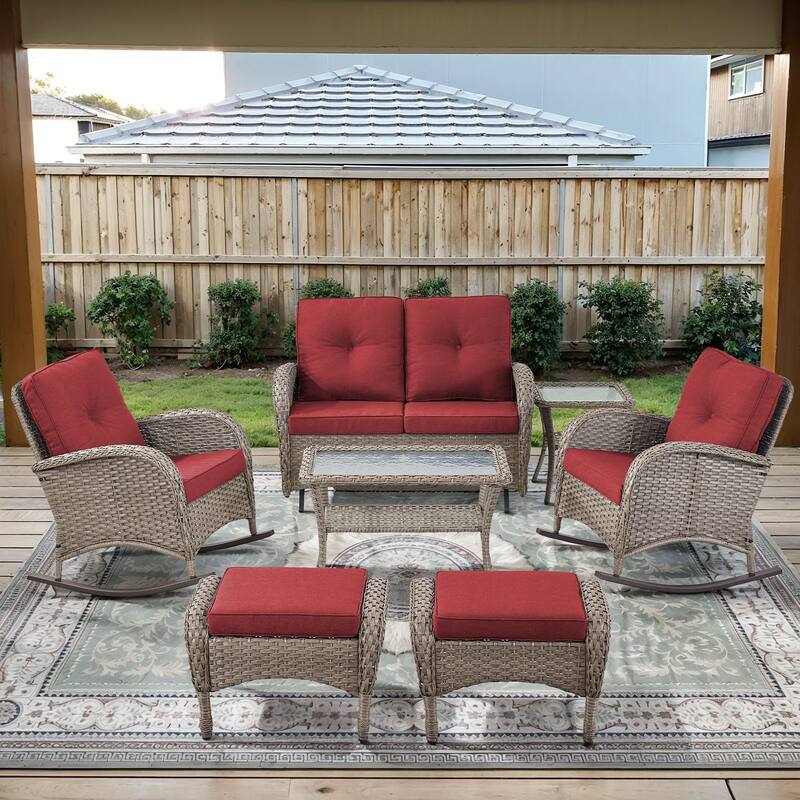 Gymojoy Outdoor Wicker Patio Furniture Loveseat Glider & Chair Set Weather-Resistant - Grey Wicker / Red Cusion - Loveseat Set - included Rocking Chairs