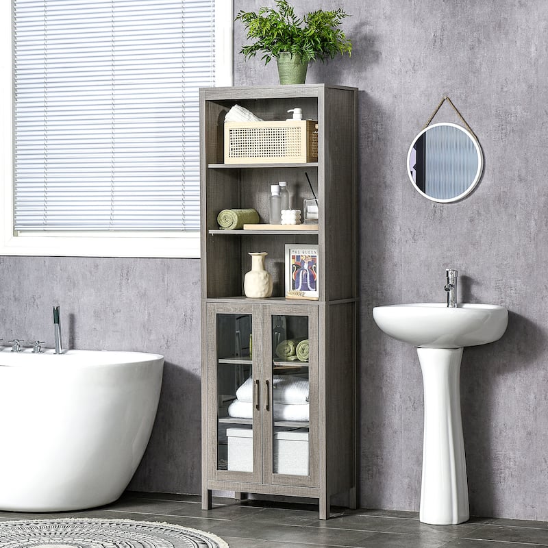 kleankin Tall Bathroom Storage Cabinet with 3 Tier Shelf, Glass Door Cupboard, Freestanding Linen Tower with Adjustable Shelves - Antique - Grey